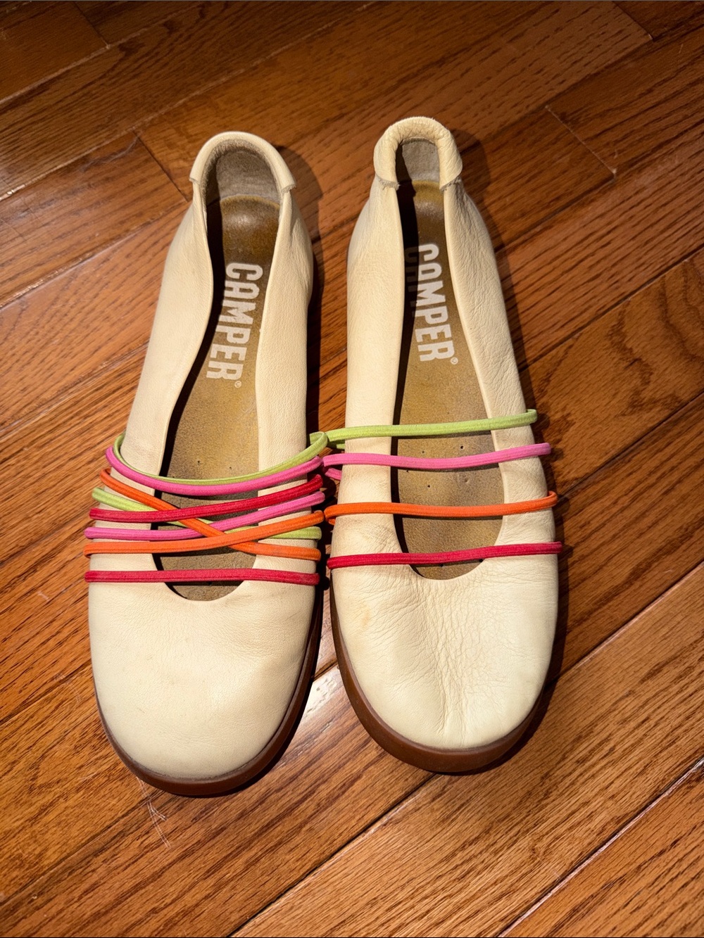 Camper Cream Leather Flats with Pink, Orange, Red & Lime Straps size 37 EU/7 US